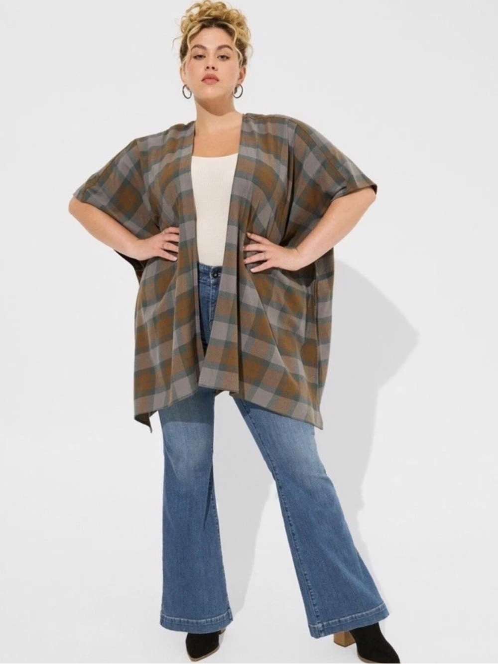 Torrid Outlander Tartan Dolman Kimono Cardigan Size 2 2X Plaid Brown Cotton Fall